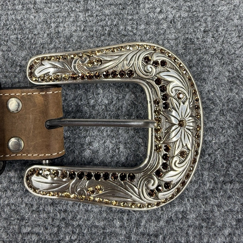 Nocona Leather Belt L Brown Calf Hair Studded Rhinestone Sliver Bling Cowgirl - Picture 2 of 8